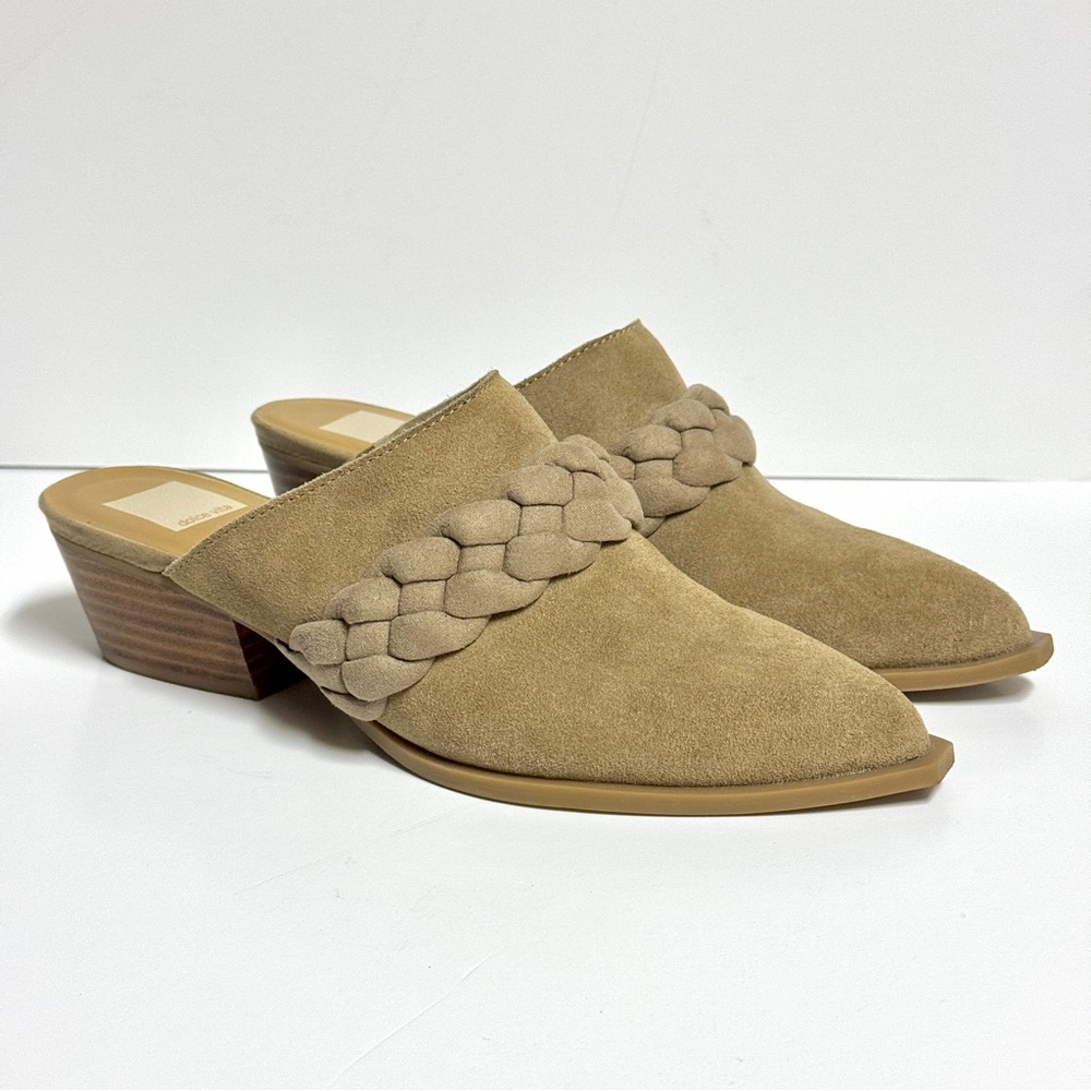 Dolce Vita Errol Nubuck Suede Braided Western Mules Dune Tan Block Heel Clogs